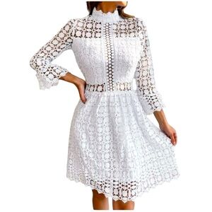 EILLY BAZAAR Mesh Insert Mock Neck Flounce Lace Dress White Size M